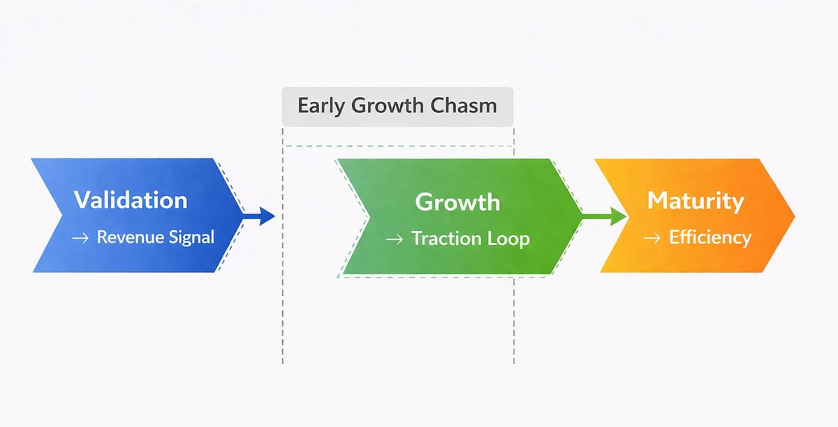 Business growth stages diagram showing Validation (Revenue Signal), Growth (Traction Loop), and Maturity (Efficiency) phases in the Early Growth Chasm