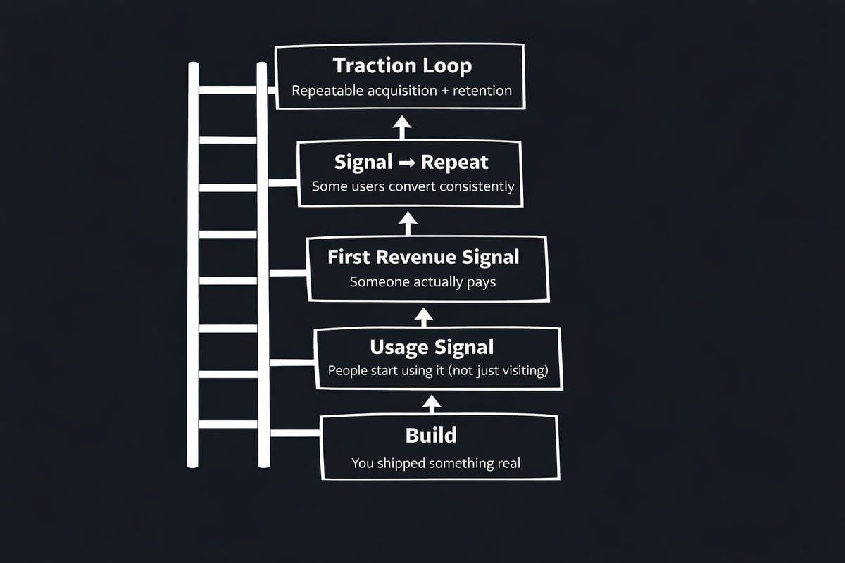 Diagram showing a traction loop with five ascending stages: Build, Usage Signal, First Revenue Signal, Signal to Repeat, and Traction Loop, connected by upward arrows on a dark background